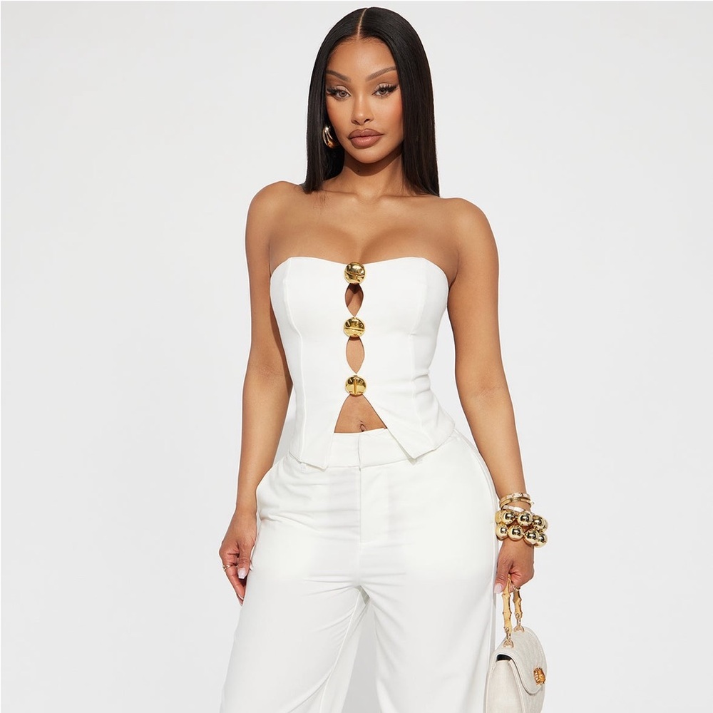 Fashion Nova White Strapless Top with Gold Accents